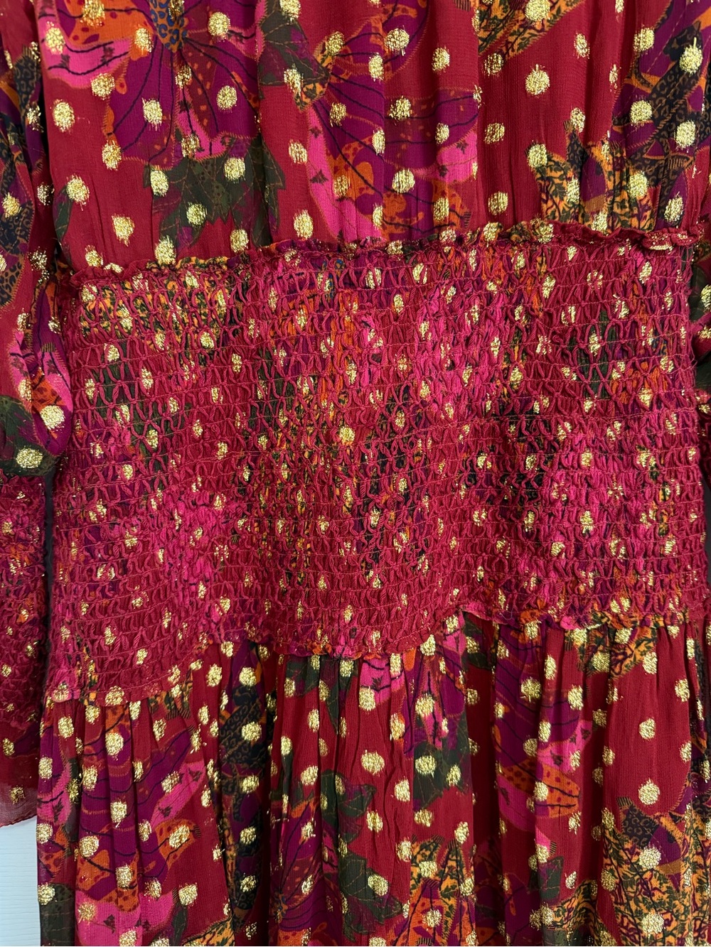 Farm Rio Banana Flowers Mini Dress Long Sleeve Ruffled Maroon Gold Size Medium - Picture 12 of 15